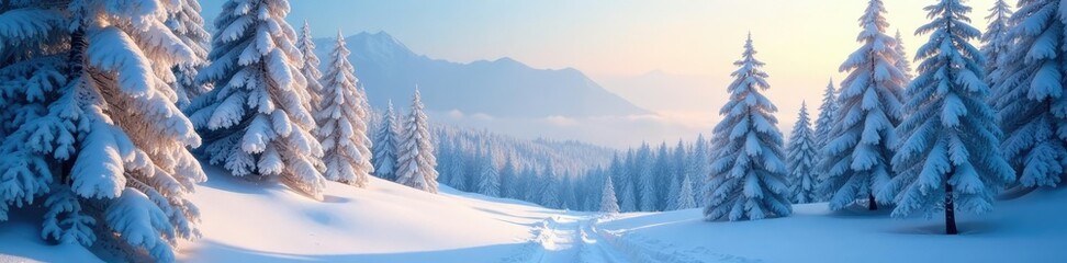 Fototapeta premium Snowy forest on Volosyanaya mountain with frosty air, cold, winter