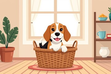 Cheerful beagle puppy in basket, enjoying warm sunlight streaming through window. Concept features beagle puppy in basket, evoking feelings of joy and comfort in home setting.