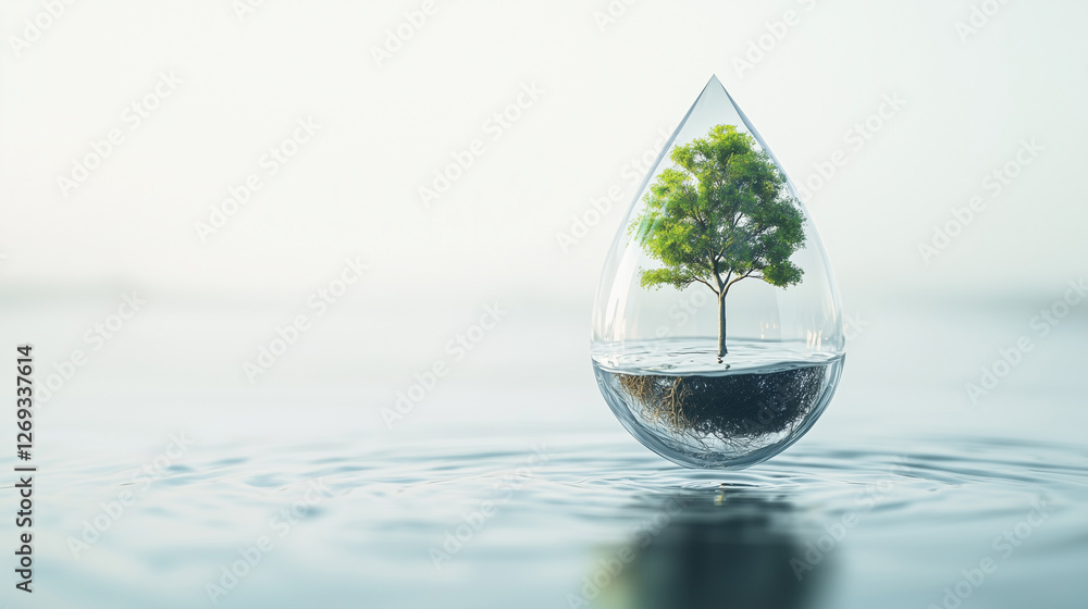 Poster tree inside water droplet floats on calm surface, symbolizing nature balance