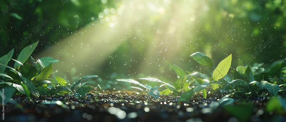 Poster peaceful forest floor with soft sunlight filtering through leaves, creating serene atmosphere