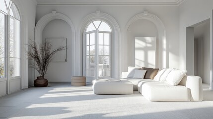 Fototapeta premium Sunlit white living room, arched windows, minimalist decor, autumnal view