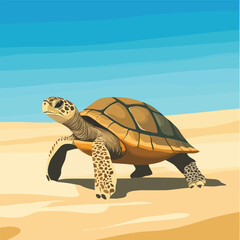 A serene 2D vector of a turtle walking along a sandy beach.
