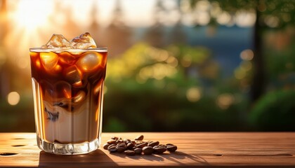 glass of a iced coffee with cream milk cold brew coffee drink with ice early morning sun light