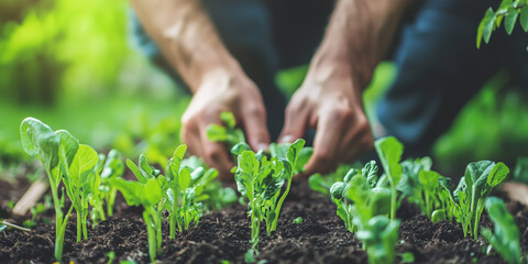 person tending to young vegetable plants in serene garden setting