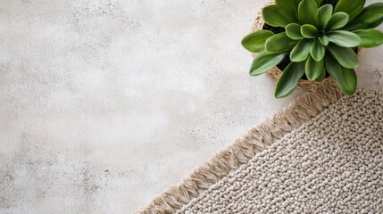 Cozy Carpet and Green Plant on a Neutral Background with Creative Space