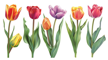 Obraz premium Colorful tulip flowers paint collection. Set of spring and summer flowers painting isolated on white background