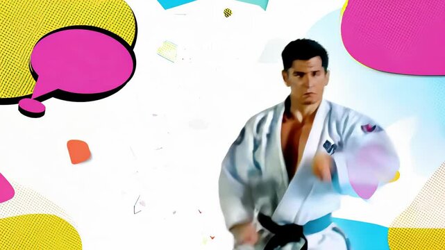 Focused hispanic man practicing karate moves on colorful background. concept of martial arts, discipline, physical fitness, personal growth, comic book