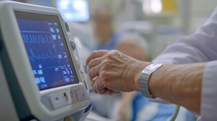 Obraz premium Medical professional monitors patient vitals in a healthcare facility during a critical moment in patient care