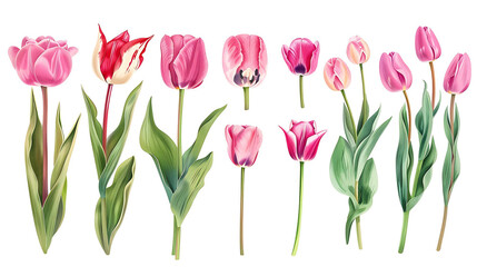 Obraz premium Pink tulip flowers paint collection. Set of spring and summer flowers painting isolated on white background