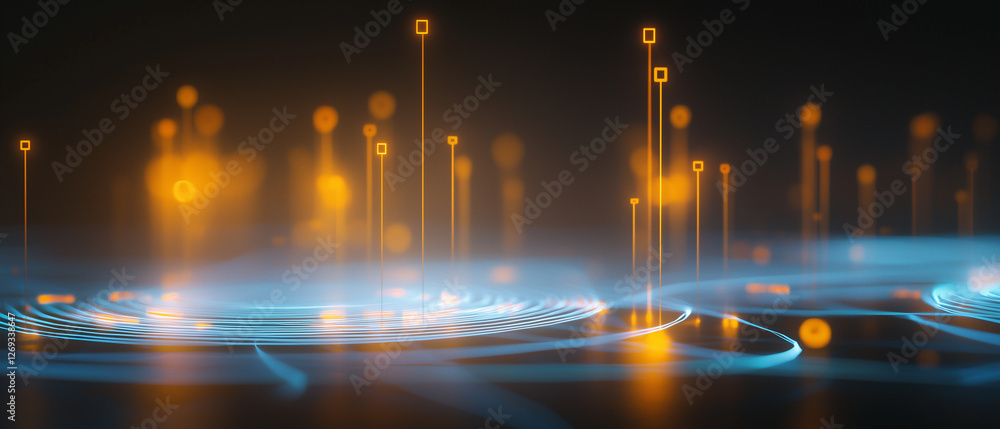 Poster Abstract digital landscape with glowing lines and floating squares, representing data flow