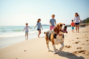 A beagle with children enjoys a sunny day at the beach, running on the sand while kids play nearby. Concept highlights joyful moments, featuring beagle with children in vibrant outdoor setting.