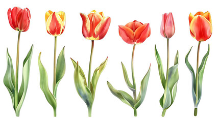 Red tulip flowers paint collection. Set of spring and summer flowers painting isolated on white background