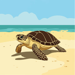 A serene 2D vector of a turtle walking along a sandy beach.