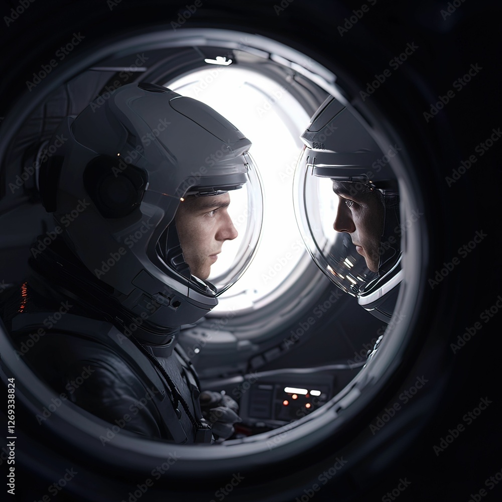 Poster two astronauts gaze at each other through a round window, showcasing a moment of connection in the v