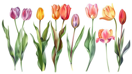 Colorful tulip flowers paint collection. Set of spring and summer flowers painting isolated on white background