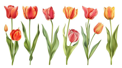 Obraz premium Red tulip flowers paint collection. Set of spring and summer flowers painting isolated on white background