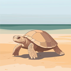 A serene 2D vector of a turtle walking along a sandy beach.