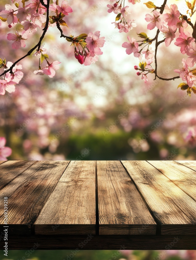 Poster spring background with wooden table. natural template for product display with cherry blossoms bokeh