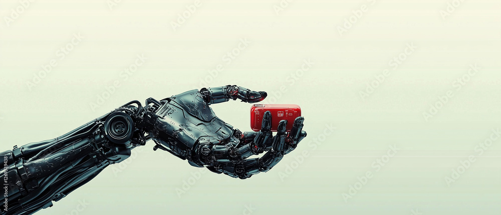 Aufkleber robotic arm gripping small red object in clean, minimalistic setting
