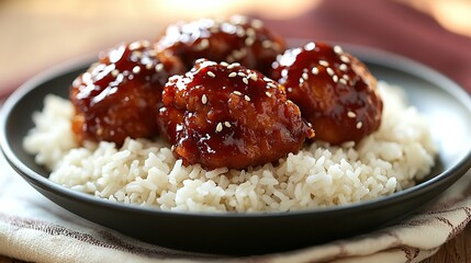 General Tso's Chicken, crispy exterior, glazed in tangy sweet and sour sauce, served with steamed rice and garnished with sesame seeds