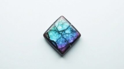 A captivating diamond-shaped resin piece, showcasing a mesmerizing blend of teal, purple, and black hues, intricately detailed with a network of fine cracks, reminiscent of a celestial galaxy.