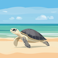 A serene 2D vector of a turtle walking along a sandy beach.