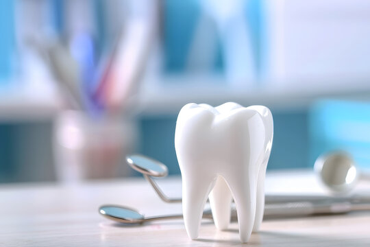 Dental health concept with tooth model and tools
