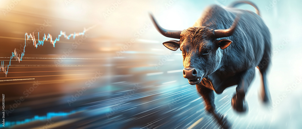 Poster dynamic low angle shot of fierce bull charging forward with stock market graphs