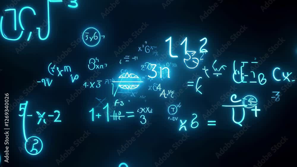 Poster matrix of glowing mathematical symbols and formulas with complex diagrams, figures on dark backgroun