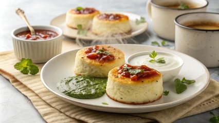 Steamed Cheese Cakes with Chutney and Raita, yogurt, chutney, coriander, cumin