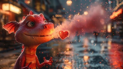 Cute Fantasy Dragon Breathing Heart-Shaped Smoke Puff in City