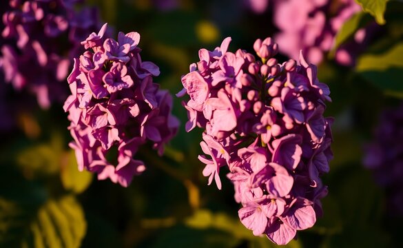 Vibrant lilac flowers captured in rich golden and amber tones, creating a warm and autumnal aesthetic with soft lighting and high detail.