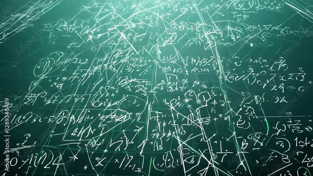 Poster matrix of glowing mathematical symbols and formulas with complex diagrams and figures in abstract ba