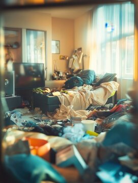 mess, disorder and interior concept - blurred photo of messy home living room with scattered stuff