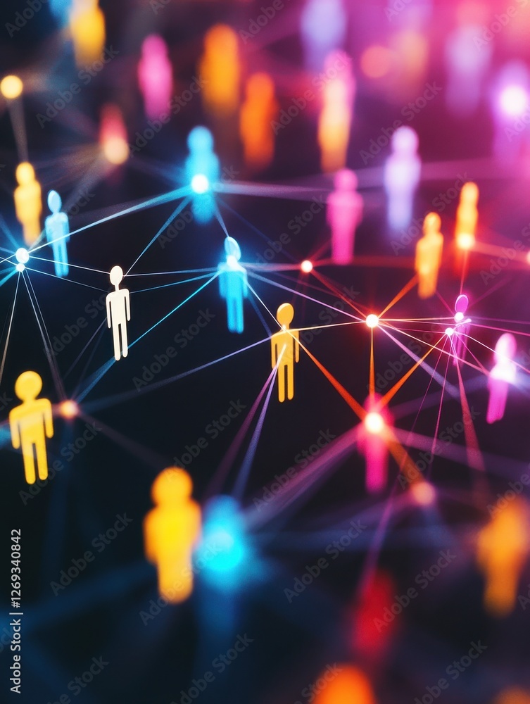 Poster abstract network of colorful people icons connected by lines, representing social interactions and c