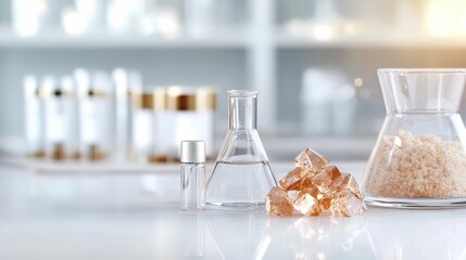 A modern laboratory setup featuring glassware, crystals, and cosmetic containers, suggesting a focus on skincare or chemical formulations.