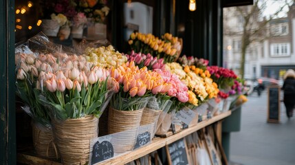 Fototapeta premium Colorful bouquets in a flower shop with bright spring flowers: tulips, daffodils, lilies, peonies and roses, ideal for celebrations and gifts. copy space