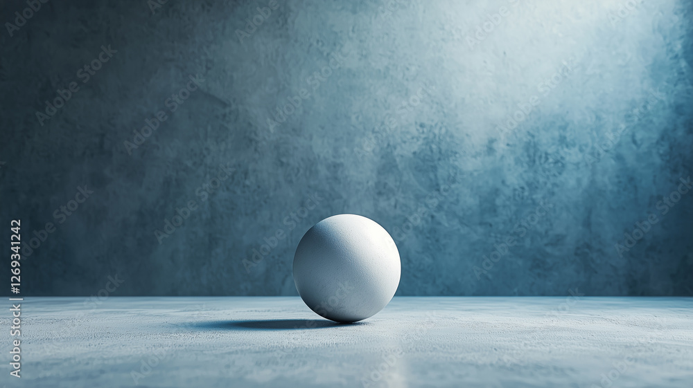 Poster single white sphere on textured blue surface and background, creating minimalist and futuristic aest
