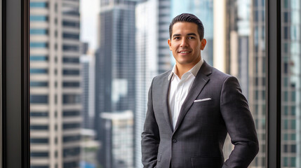Real estate investor standing in front of a high-rise window, observing city views with a confident expression