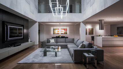 Minimalistic living room with comfortable white sofa - Modern interior design