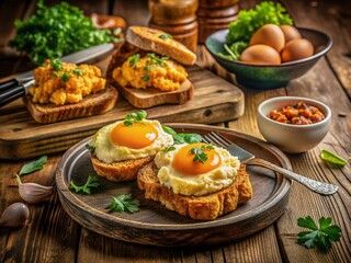 Fototapeta premium Vintage Breakfast: Fried Toast & Four Ways with Chicken Eggs