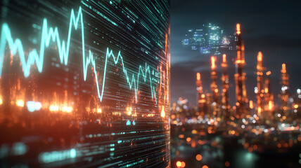 digital graph overlays nighttime view of illuminated oil refinery