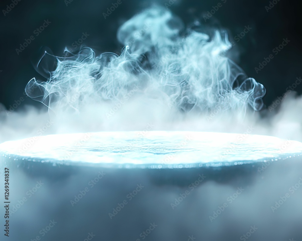 Poster a mystical scene featuring swirling steam rising from a circular surface, creating an ethereal atmos