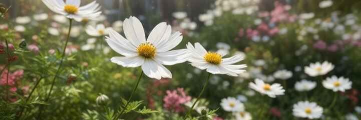 Fototapeta premium Stunning white cosmos flower set against a soft focus background of colorful foliage, nature, background, stunning, foliage, blooming