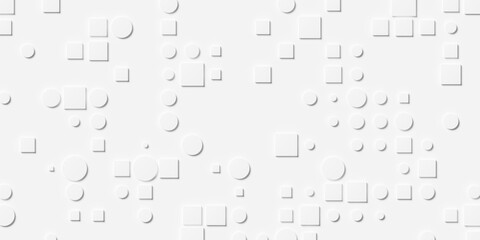 Grid of randomly scaled white cylinders and boxes geometry background sparsely scattered wallpaper banner, flat lay