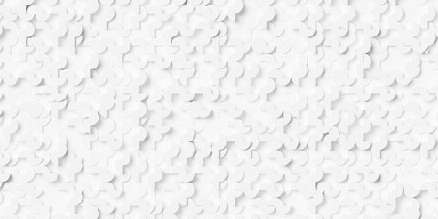 Grid of small shifted and rotated white cylinder halfes offset, geometrical background wallpaper banner, flat lay from above