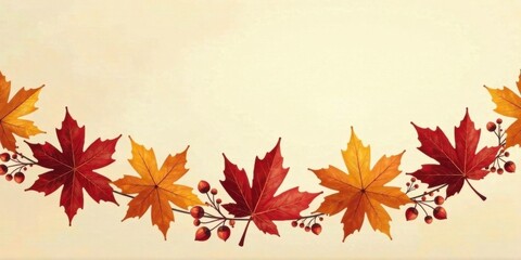 Obraz premium Autumnal foliage design with vibrant red and gold maple leaves and berry sprigs arranged in a graceful arc across a creamy background