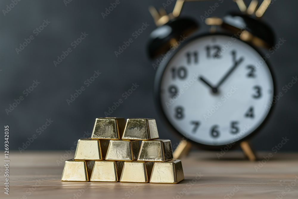 Poster Stacked gold bars with clock in background symbolize wealth and time
