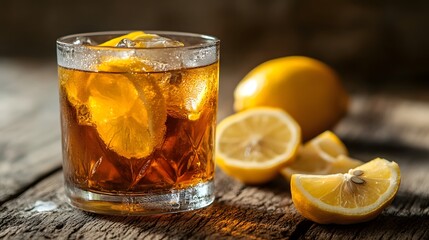 Chilled Glass of Iced Tea with Lemon Slices on Rustic Wooden Table