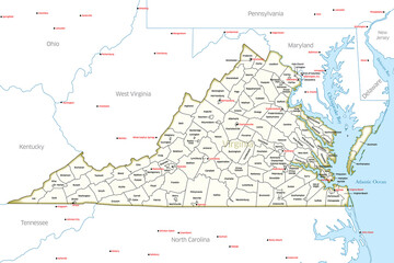 Detailed map of the state of Virginia, USA, showing its counties and major cities.